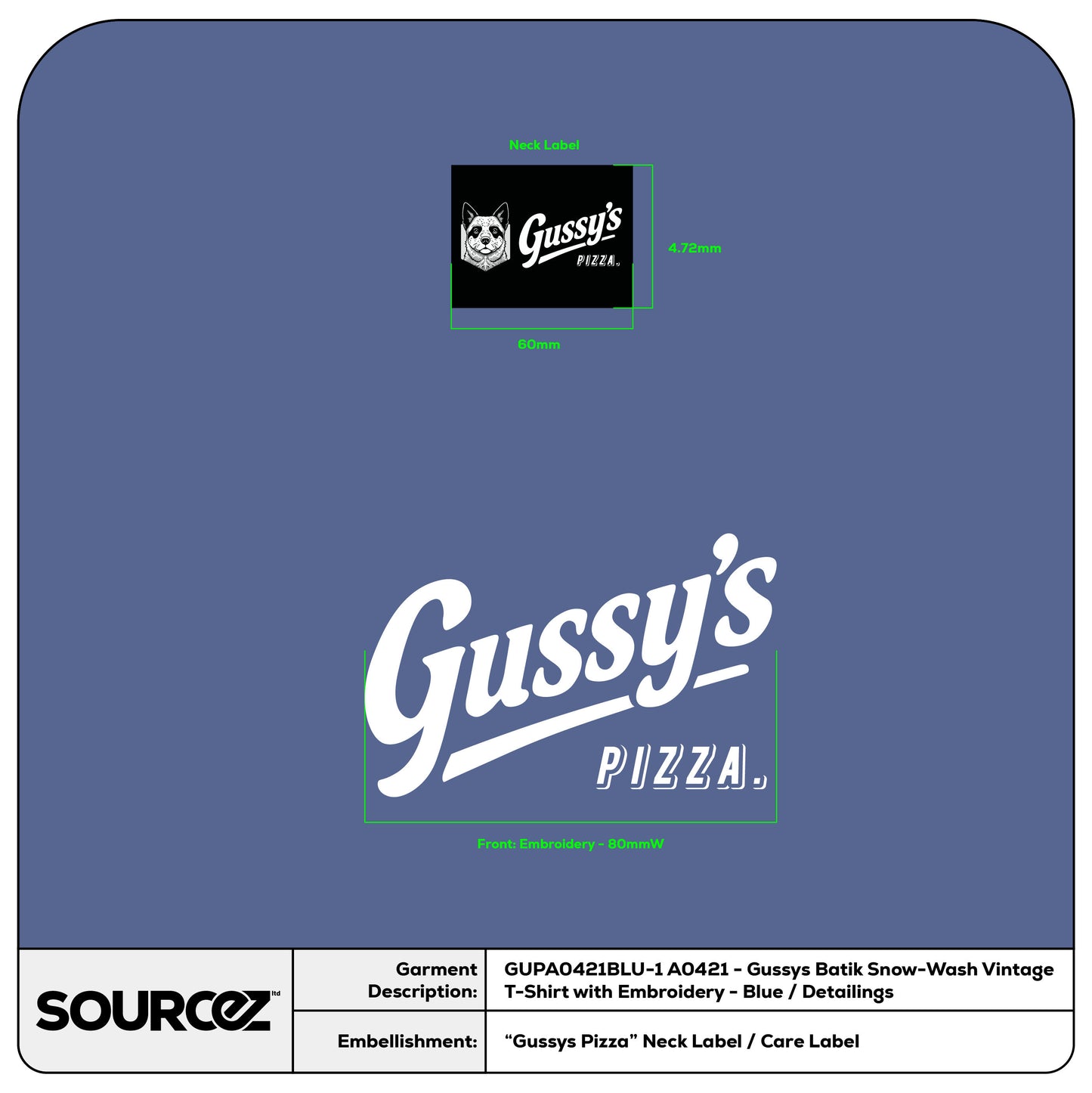A0421 - Gussys Batik Snow-Wash Vintage T-Shirt with Embroidery - Blue / Adult