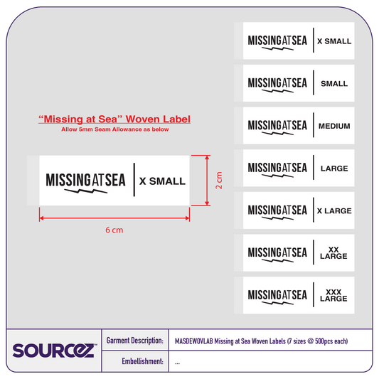 Missing at Sea Woven Labels (7 sizes @ 500pcs each)