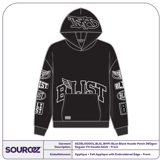 BList Black Hoodie Patch 360gsm Regular Fit Hoodie / Adult