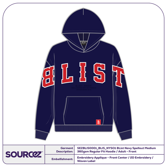 BList Navy Spellout Medium 360gsm Regular Fit Hoodie / Adult