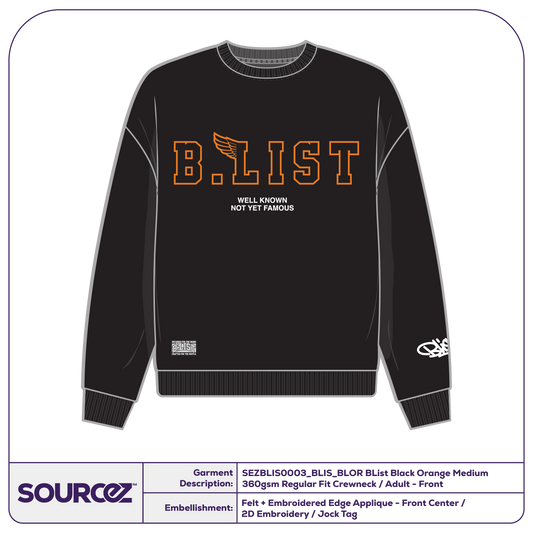 BList Black Orange Medium 360gsm Regular Fit Crewneck / Adult