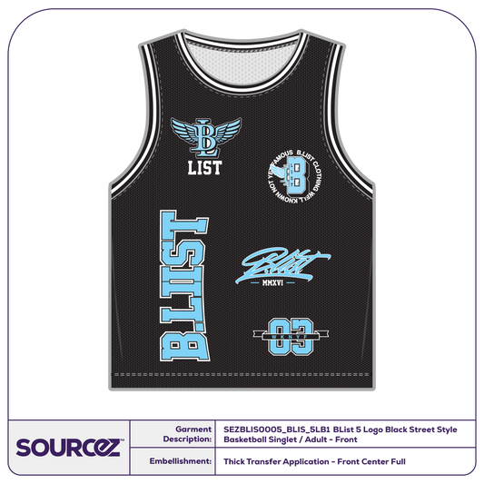 BList 5 Logo Black Street Style Basketball Singlet / Adult