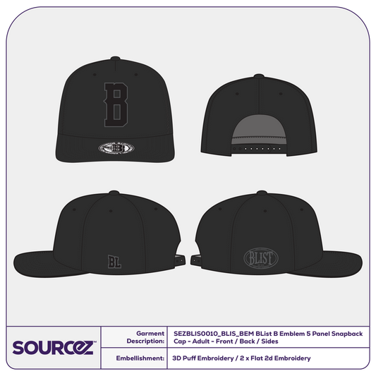 BList Black B Emblem 5 Panel Snapback Cap / Adult