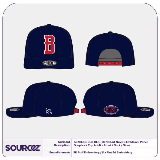 BList Navy B Emblem 5 Panel Snapback Cap / Adult