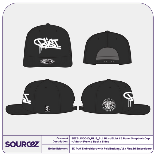 BList BList Black 5 Panel Snapback Cap / Adult