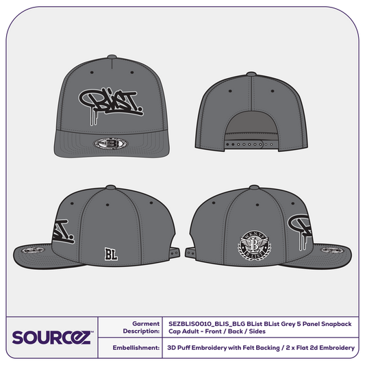 BList Grey 5 Panel Snapback Cap / Adult