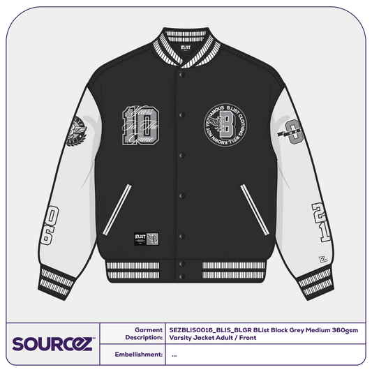 BList Black Grey Medium 360gsm Varsity Jacket / Adult