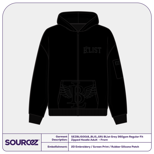 BList Black Tone 360gsm Regular Fit Zipped Hoodie / Adult