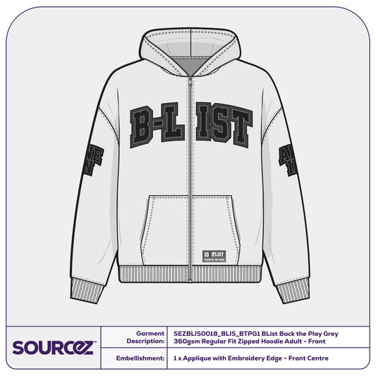 BList Back the Play Grey 360gsm Regular Fit Zipped Hoodie / Adult