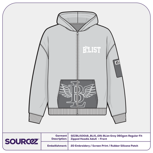 BList Grey 360gsm Regular Fit Zipped Hoodie / Adult
