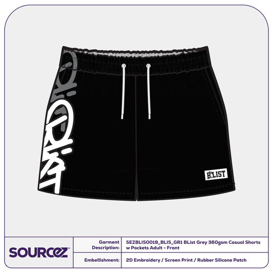 BList Tag Black 360gsm Casual Shorts w Drawcord / Adult